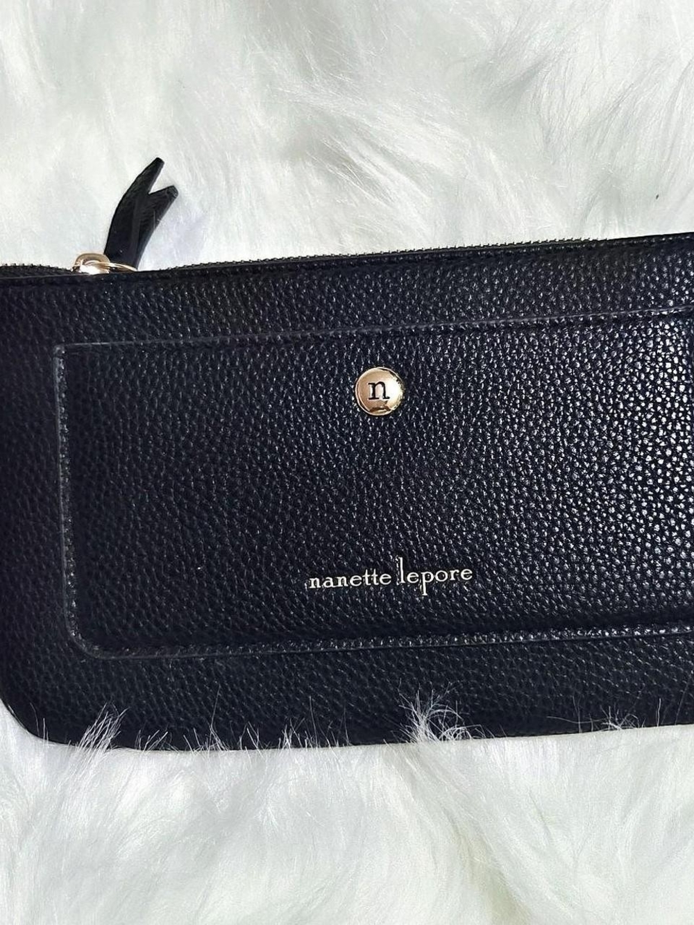 Nanette Lepore Black Pebbled Leather Zip Wristlet with Front Pocket